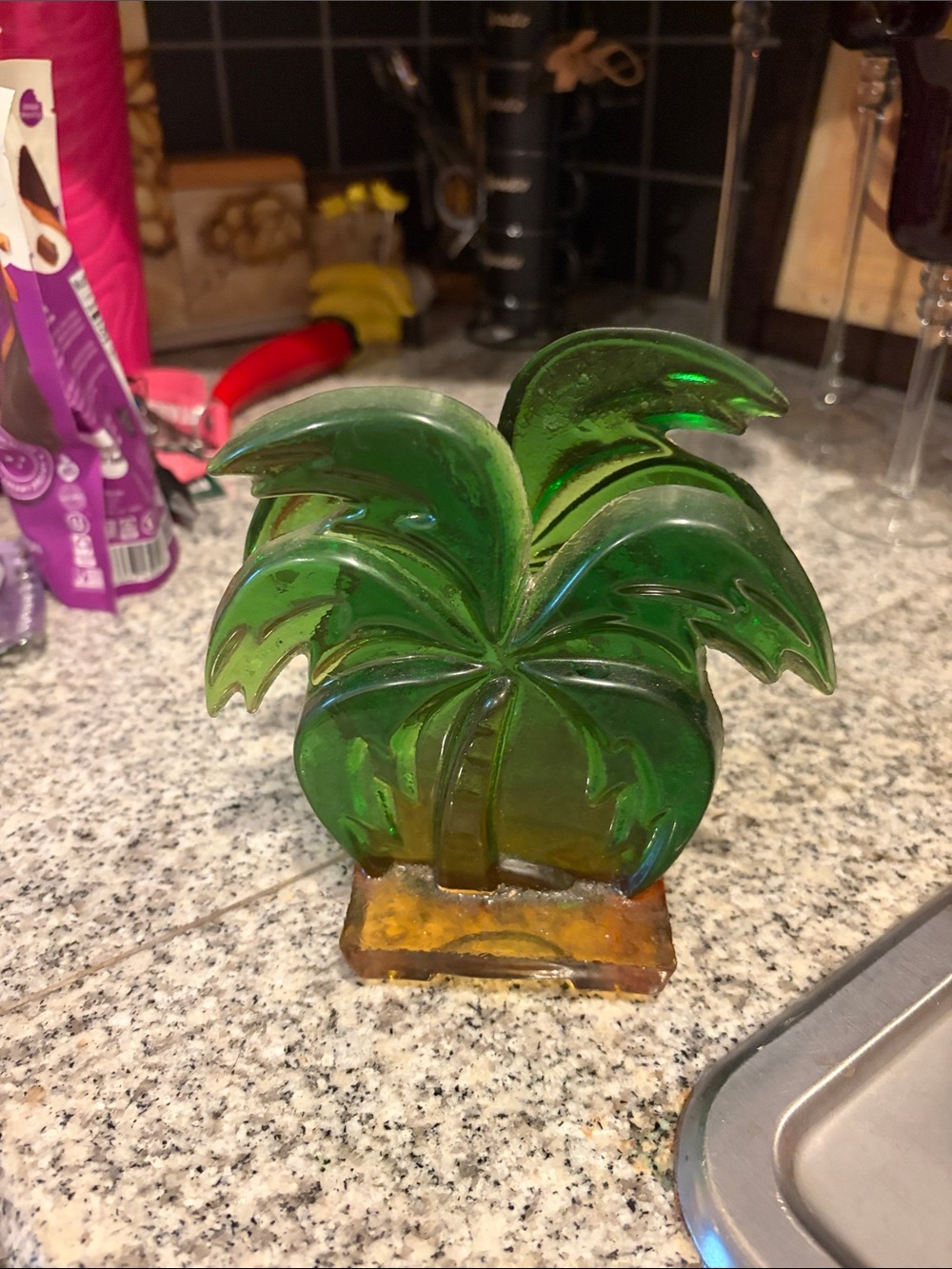 Green Glass Palm Tree Decorative Sculpture - Brand Unknown